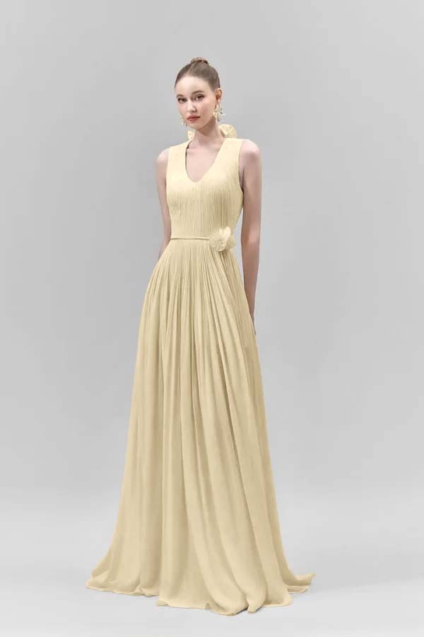 Chic Sleeveless Straps V Neck Long Prom Dress With Pleated Belt
