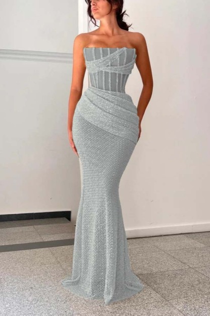 Shining Strapless Sleeveless Mermaid Long Prom Dress With Pleated