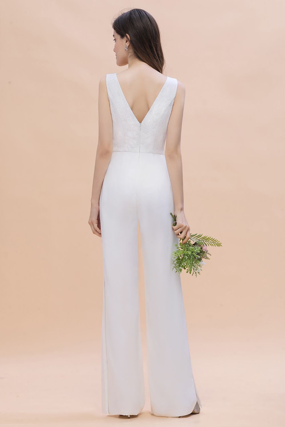 BMbridal Stylish V-neck Sleeveless White Lace Bridesmaid Jumpsuit Online-BMbridal