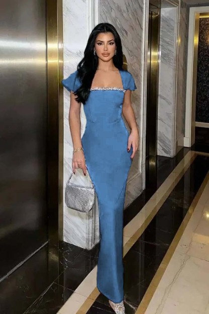 Sleeveless Square Neck Long Mermaid Prom Dress With Pleated Beading