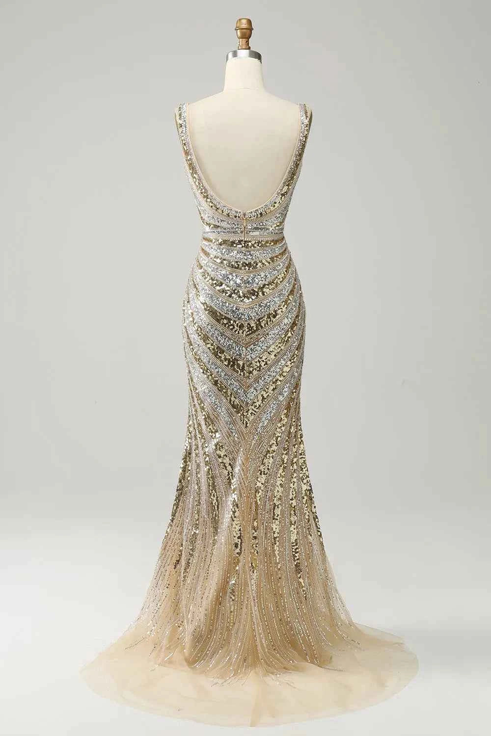 Sparkly Golden Mermaid Deep V-Neck Sequins Long Prom Dress