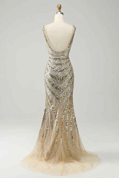 Sparkly Golden Mermaid Deep V-Neck Sequins Long Prom Dress