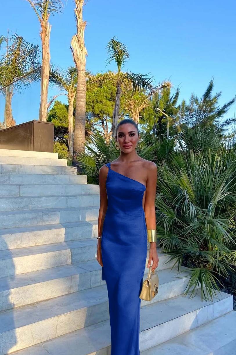 One Shoulder Backless Sleeveless Long Prom Dress With Pleated