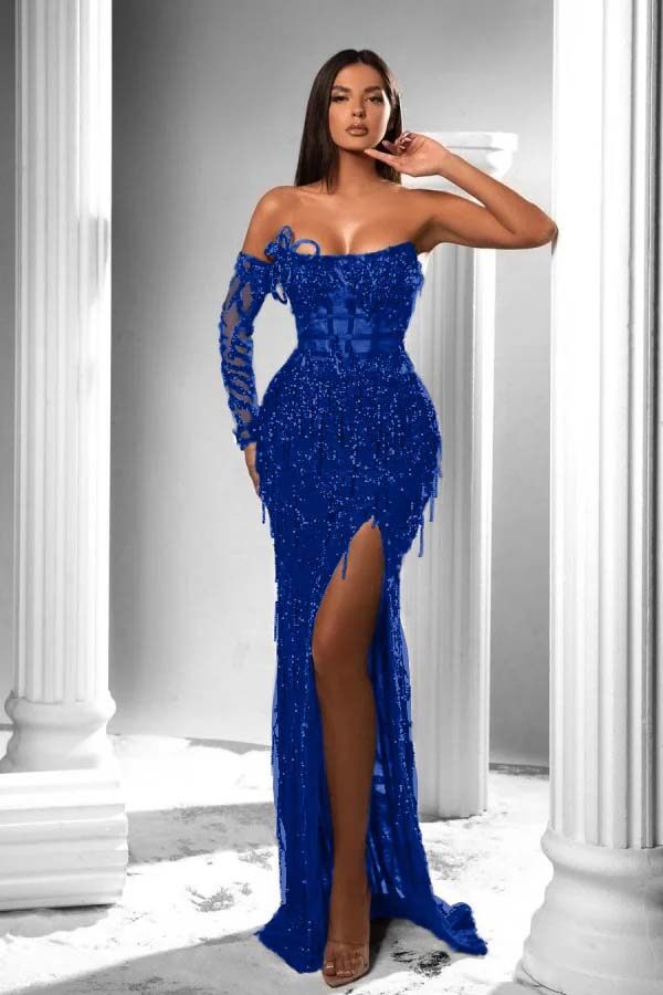 Strapless Long Sleeve High Split Long Prom Dress With Appliques