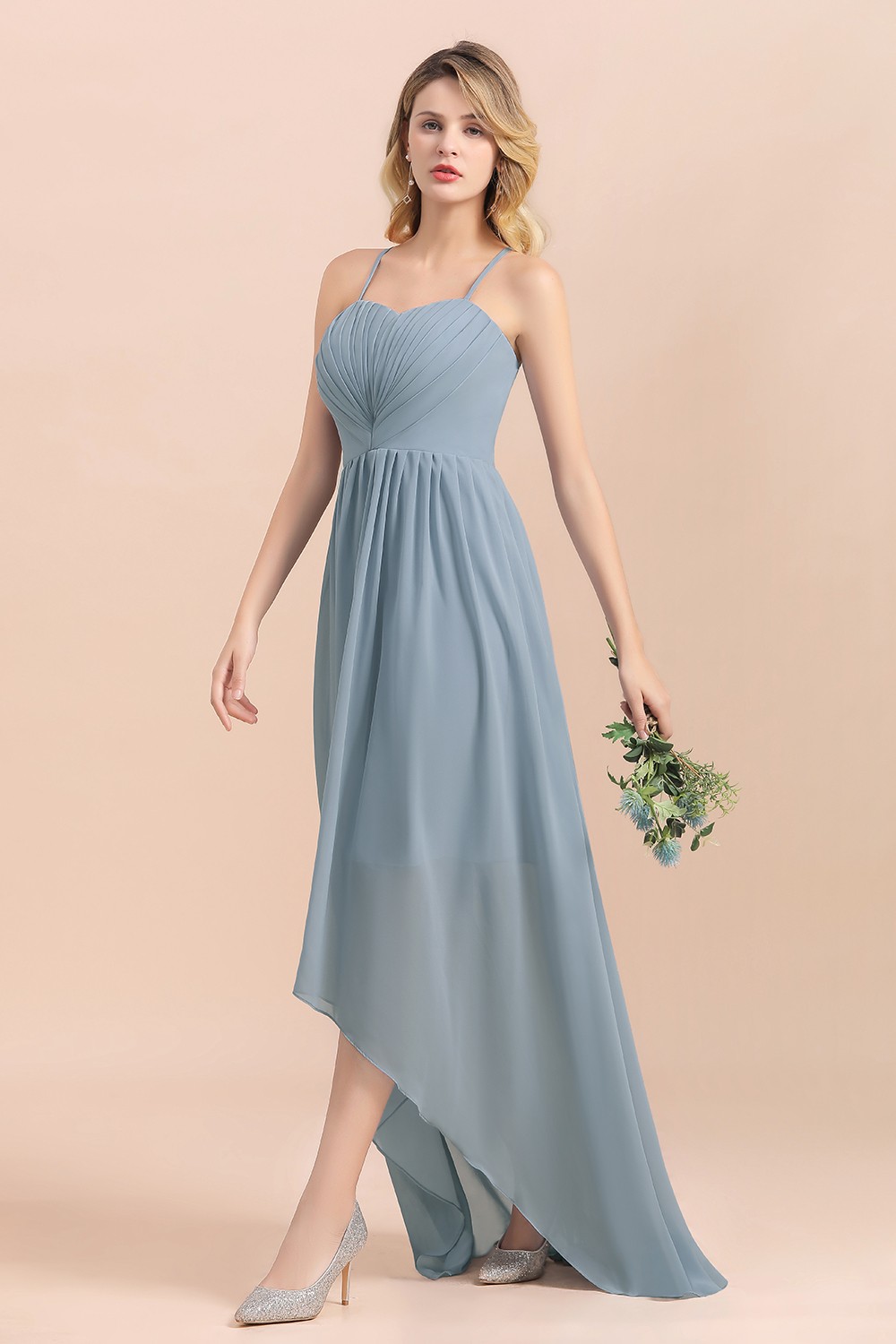 BMbridal Gorgeous Hi-Lo Heart-Shaped Ruffle Bridesmaid Dress with Spaghetti Straps-BMbridal