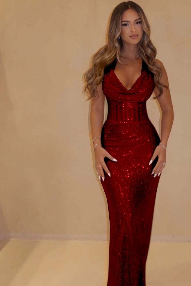 Sequin Halter Sleeveless Long Mermaid Prom Dress With Pleated