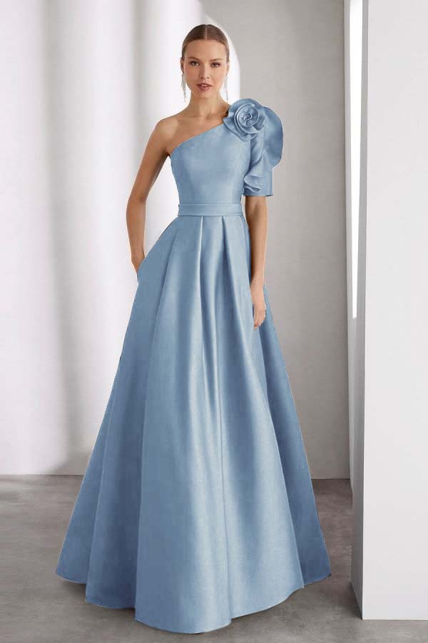 One Shoulder Sleeveless Long Prom Dress With Pleated Pockets