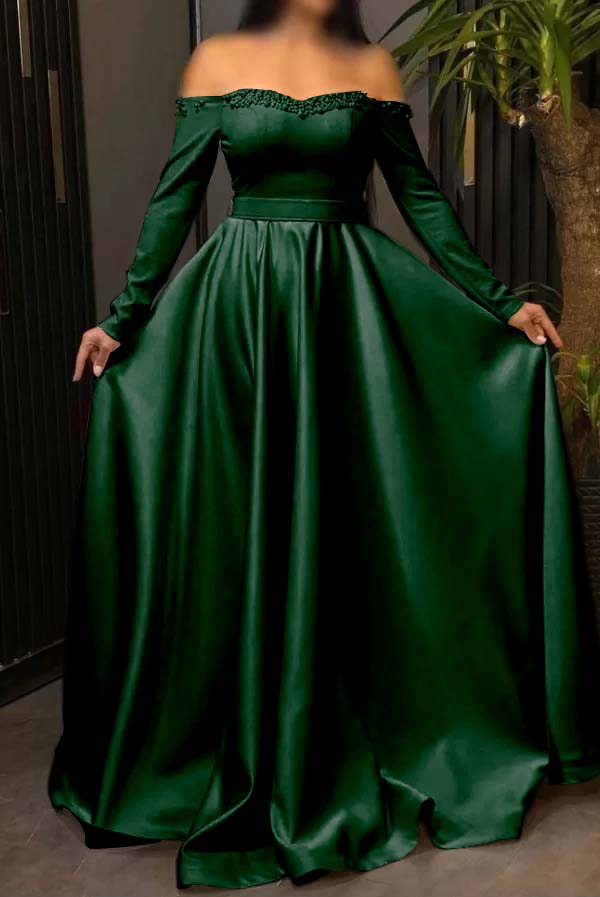 Off the Shoulder Long Sleeves Long Prom Dress With Pleated Beading