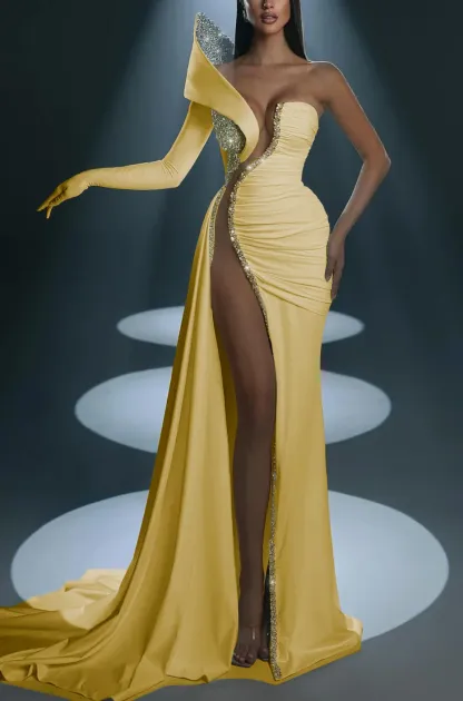 White Prom Dress With Gloves Long Mermaid One Shoulder With High Slit