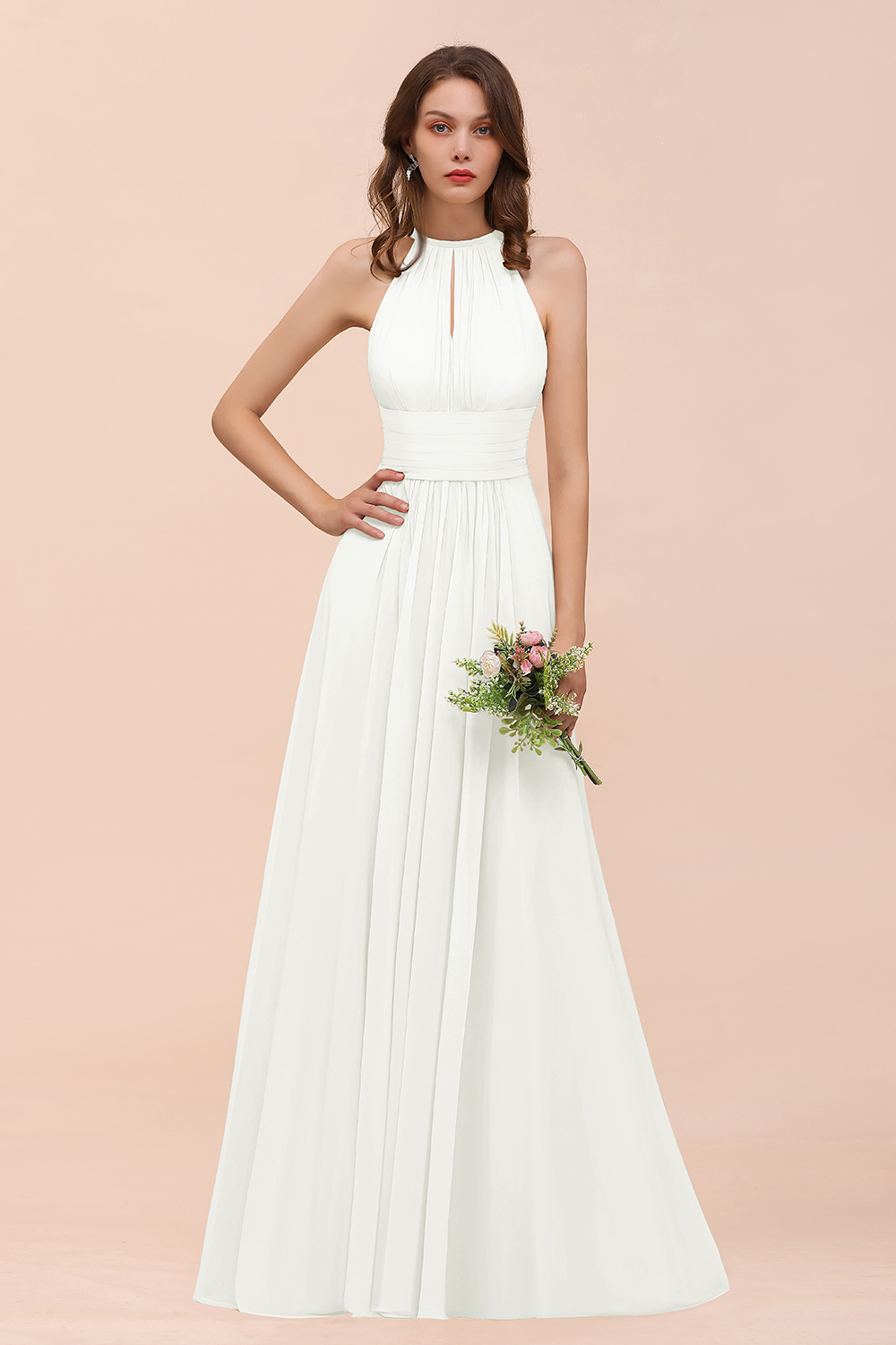 BMbridal Elegant Chiffon Jewel Ruffle Champagne Affordable Bridesmaid Dress Online-BMbridal