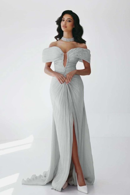 Off the Shoulder Sleeveless Long Mermaid Prom Dress With Ruffles Pleated