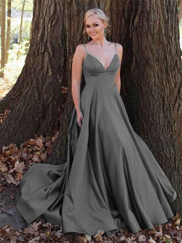 Green A Line V-Neck Spaghetti Straps Satin Long Prom Dress