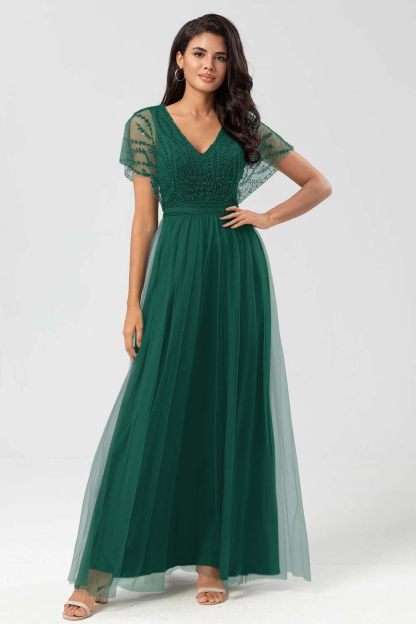 Tulle Short Sleeves V Neck A Line Long Prom Dress With Appliques