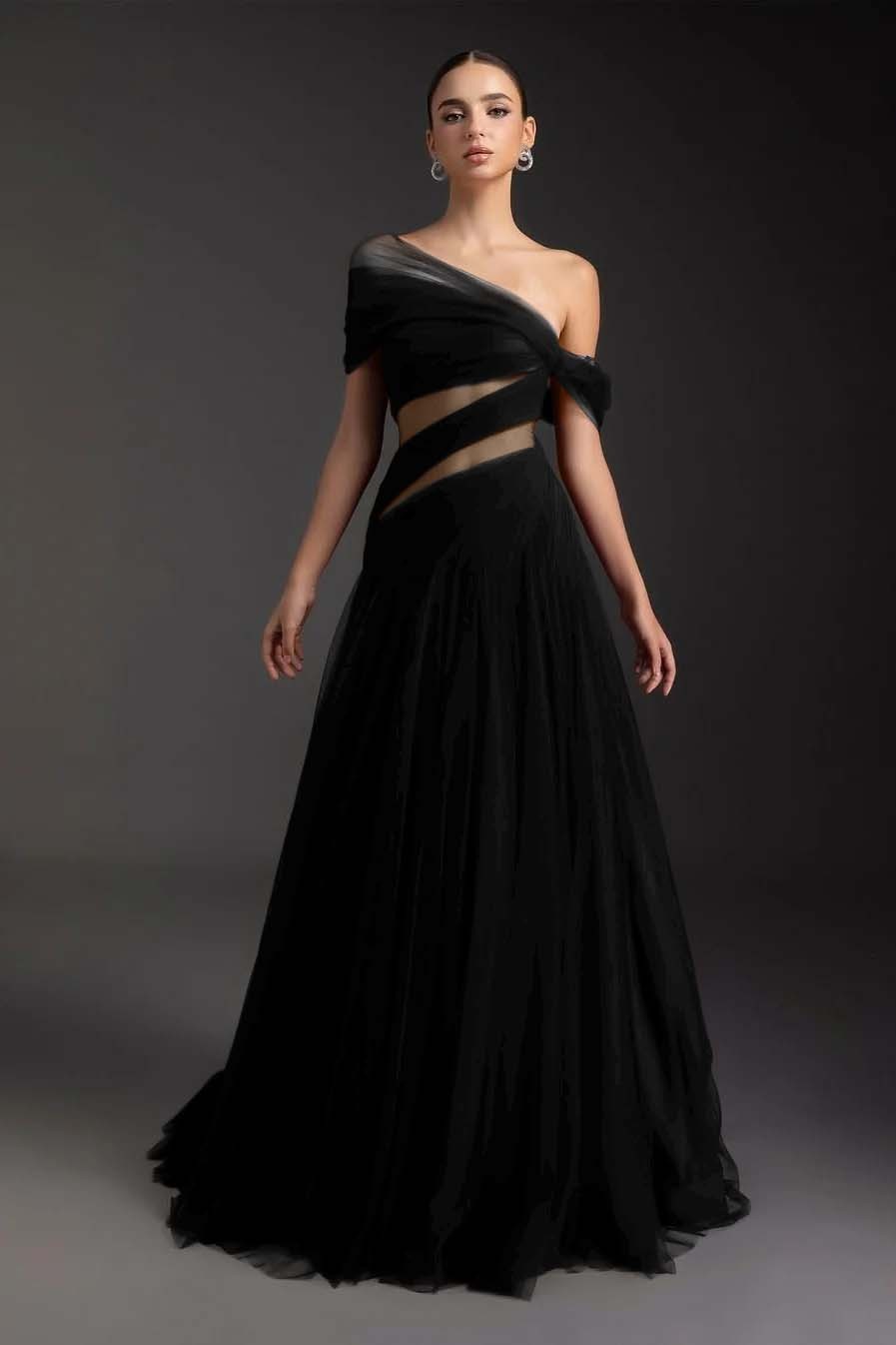 Glamorous Tulle One Shoulder Sleeveless Long Prom Dress With Pleated
