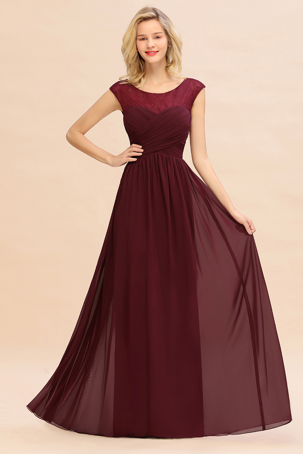 BMbridal Modest Burgundy Chiffon Sleeveless Ruffle Bridesmaid Dress Affordable-BMbridal
