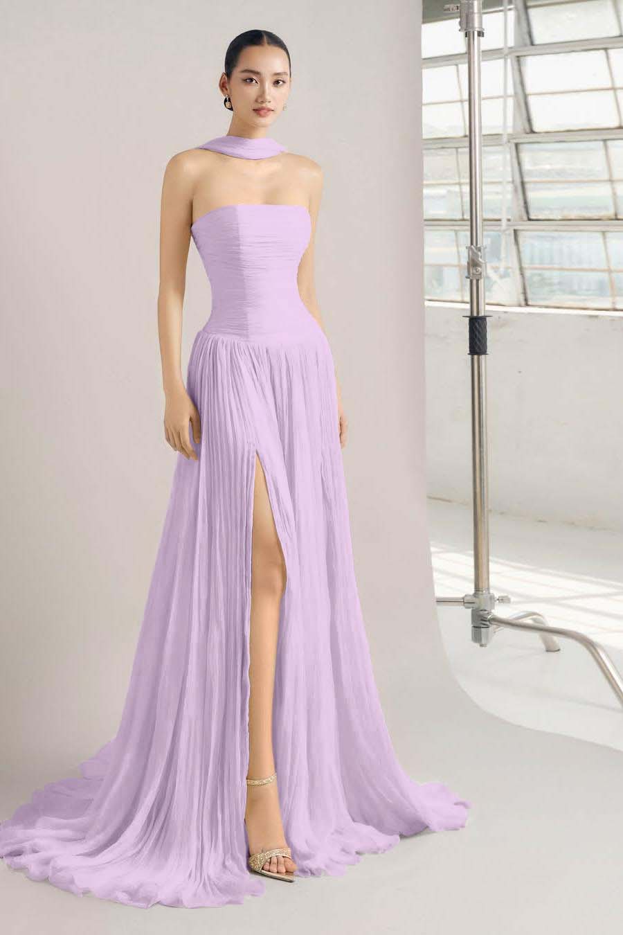Strapless Sleeveless Long Split Prom Dress With Pleated Ruffles