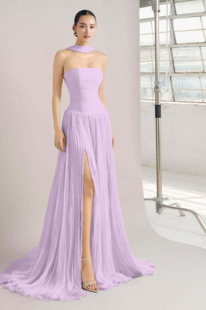 Strapless Sleeveless Long Split Prom Dress With Pleated Ruffles