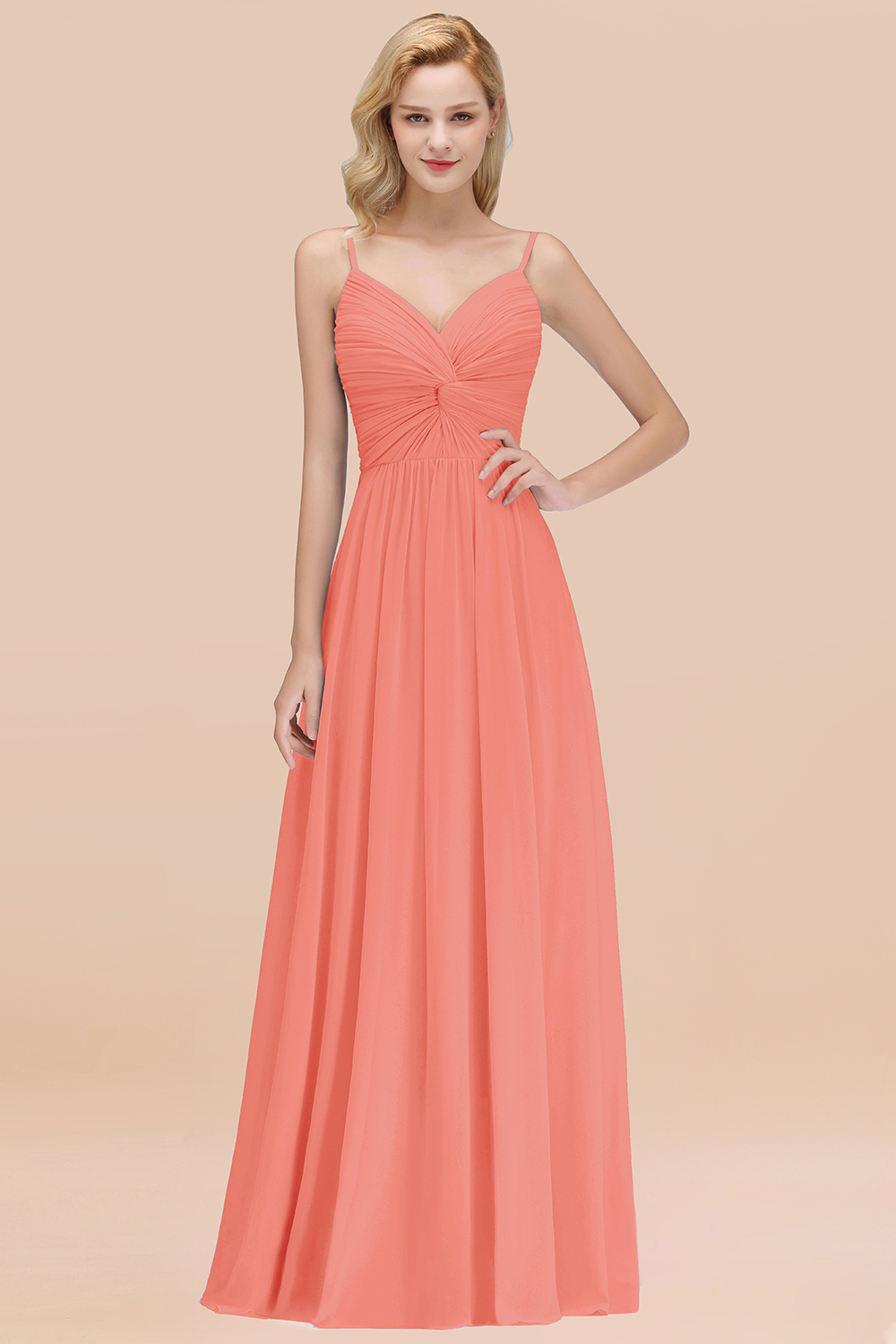 BMbridal Chic V-Neck Pleated Backless Bridesmaid Dresses with Spaghetti Straps-BMbridal
