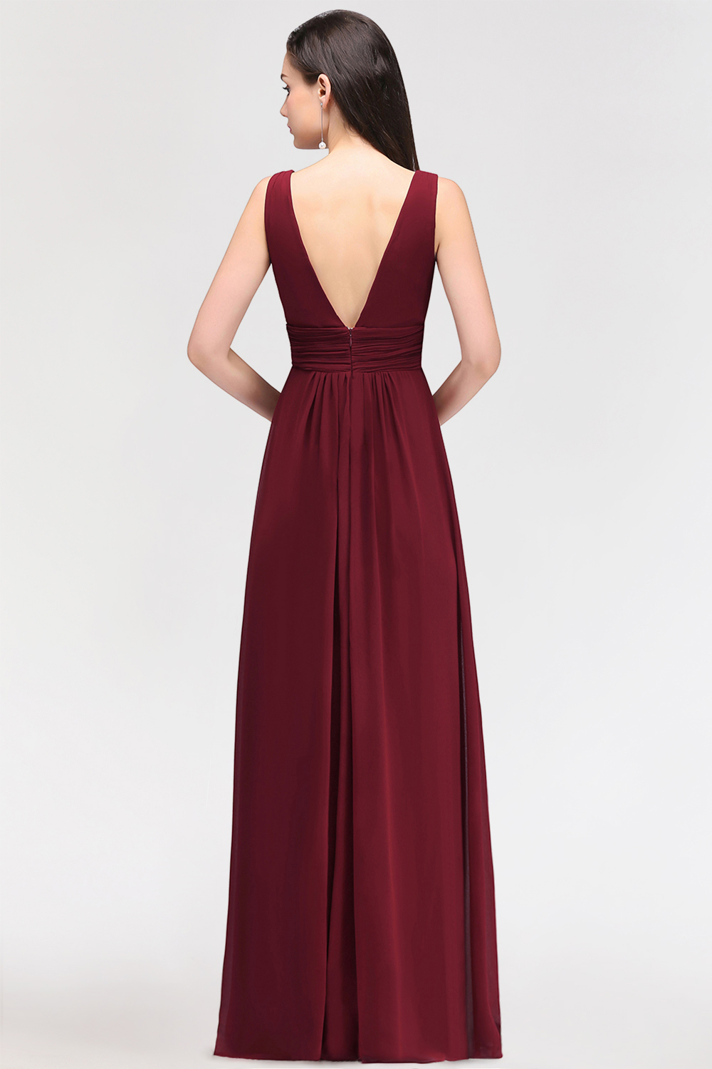 BMbridal Modest Burgundy V-Neck Sleeveless Long Bridesmaid Dresses Affordable-BMbridal