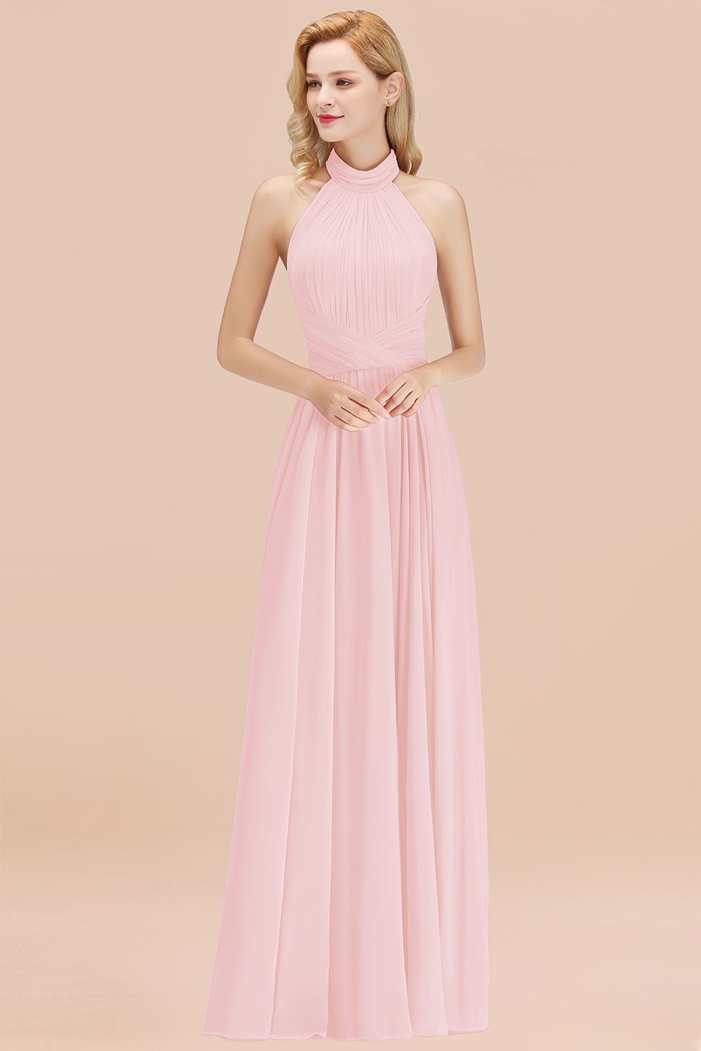 BMbridal Gorgeous High-Neck Halter Backless Bridesmaid Dress Dusty Rose Chiffon Maid of Honor Dress-BMbridal