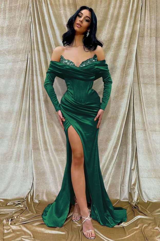 Off the Shoulder Long Sleeves Long Split Prom Dress With Beading