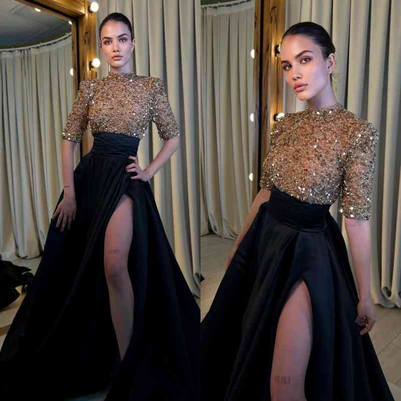 Black And Champagne Long Prom Dress Half Sleeves With High Slit