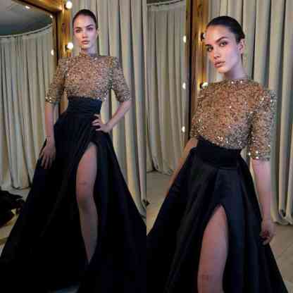 Black And Champagne Long Prom Dress Half Sleeves With High Slit
