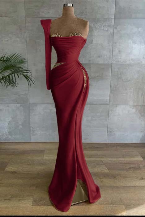 One Shoulder Long Sleeve Long High Split Prom Dress With Beading