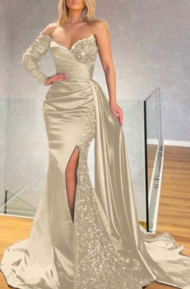Long Sleeve Strapless Long Split Prom Dress With Pleated Sequins