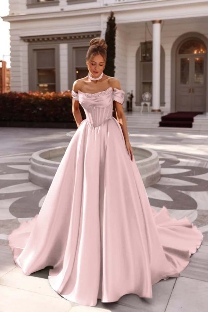 Off the Shoulder Sleeveless Long Prom Dress With Pleated Beading