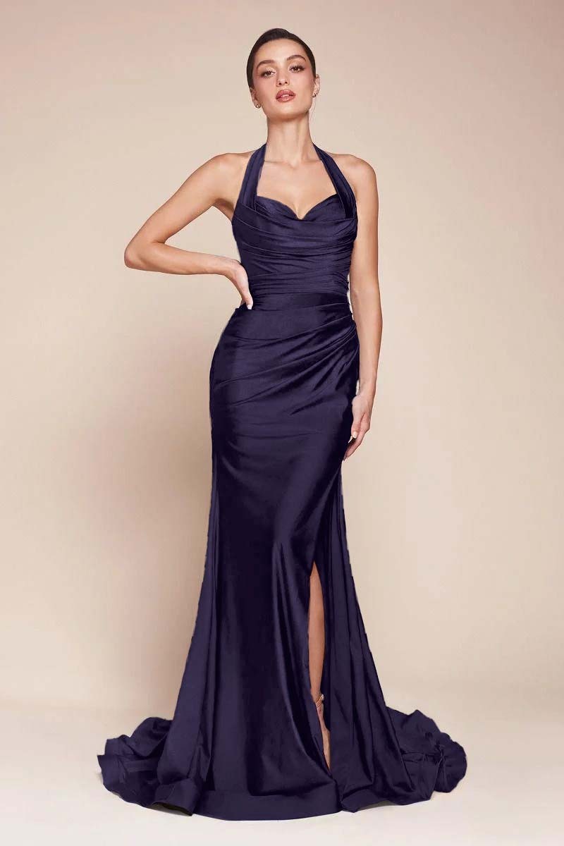Halter Sleeveless Split Mermaid Long Prom Dress With Pleated