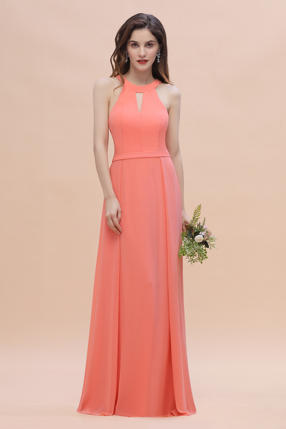BMbridal Simple Jewel Sleeveless Coral Chiffon Bridesmaid Dress Online-BMbridal