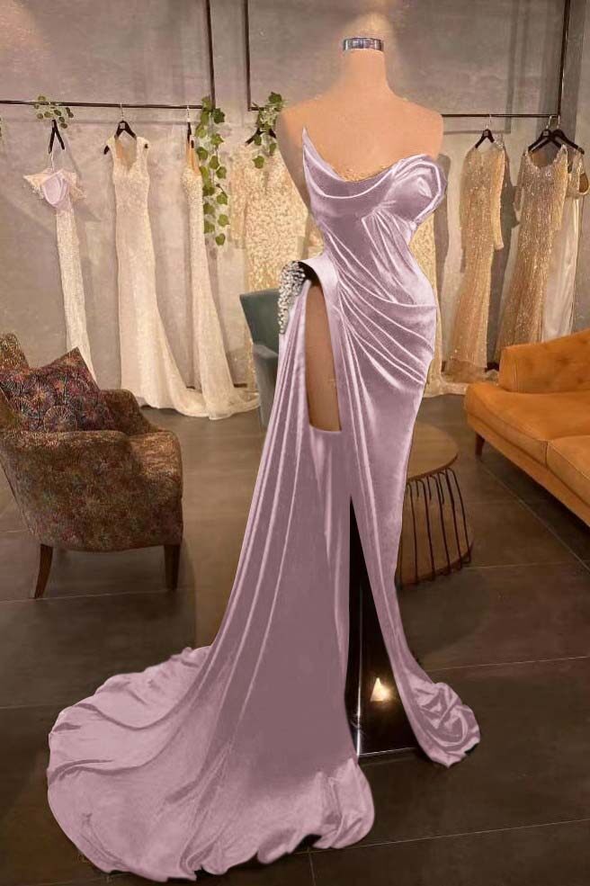 Strapless Sleeveless Long Prom Dress With High Split Pleated Beading