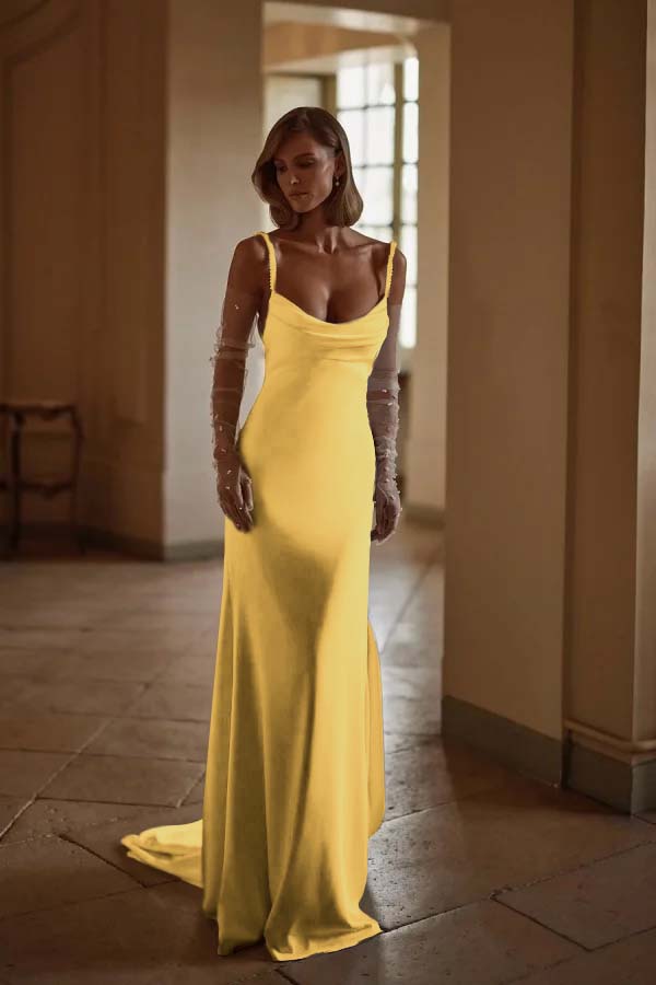 Straps Sleeveless Long Mermaid Prom Dress With Pleated Gloves