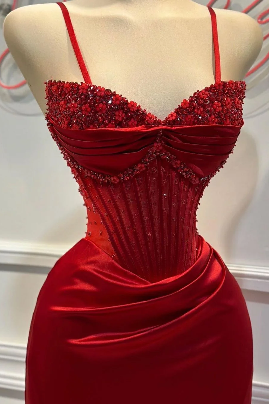 Red Spaghetti Strap Sleeveless Beading Long Prom Dress With Split