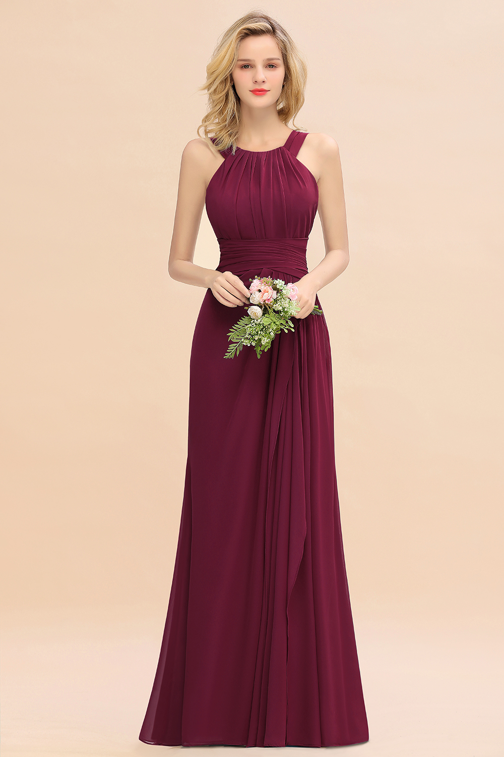 BMbridal Elegant Round Neck Sleeveless Bridesmaid Dress with Ruffles-BMbridal