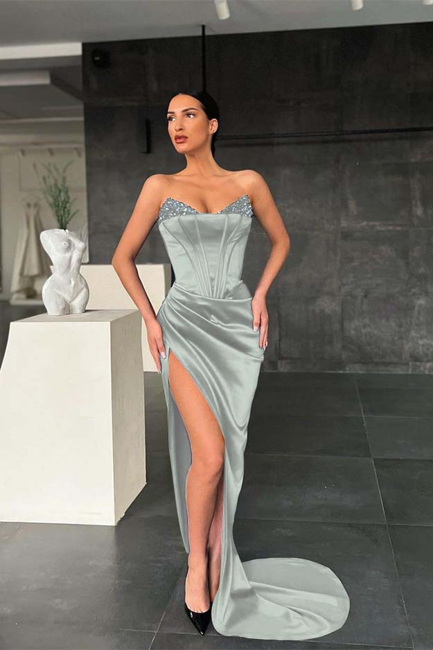 Mermaid Royal Blue Strapless Sleeveless Prom Dress High Split With Sequins