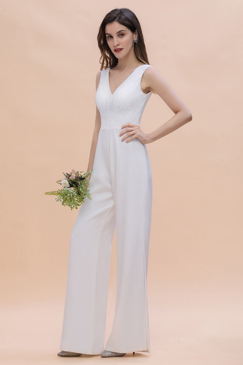 BMbridal Stylish V-neck Sleeveless White Lace Bridesmaid Jumpsuit Online-BMbridal