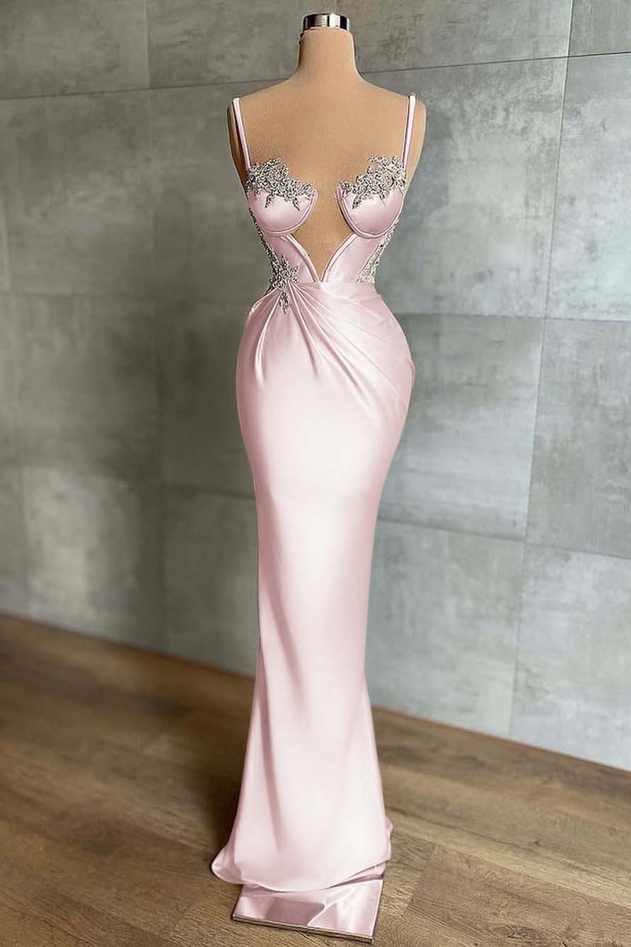 Pink Spaghetti Strap Mermaid Prom Dress Sleeveless With Appliques