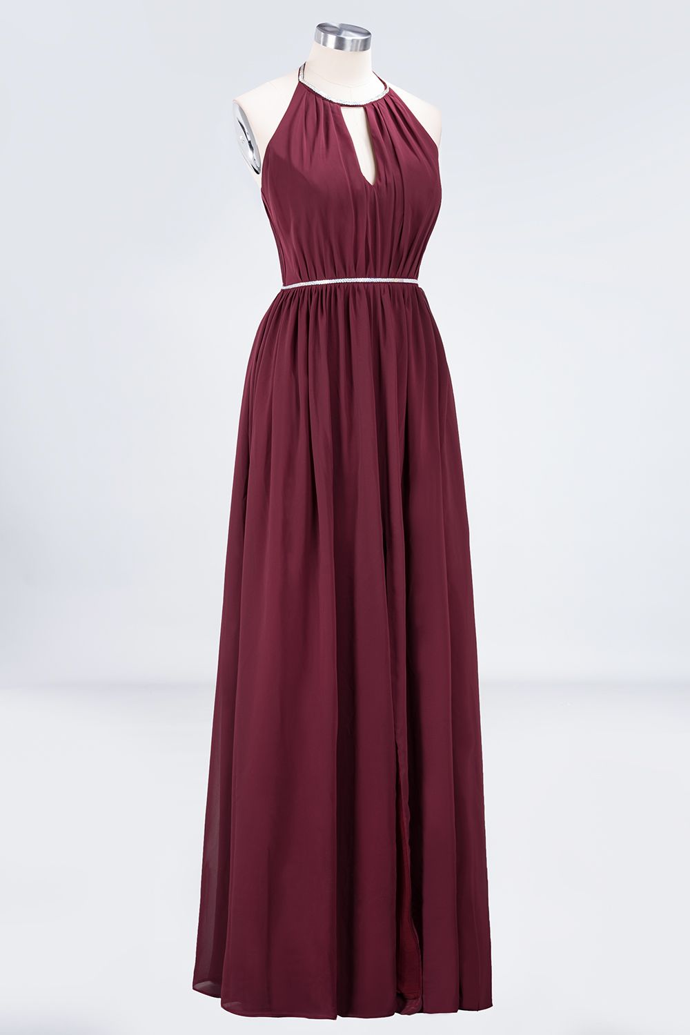BMbridal Chic Burgundy Halter Long Backless Bridesmaid Dress with Beadings-BMbridal
