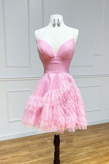 Glitter Pink Tulle A-Line Short Ruffled Homecoming Dress