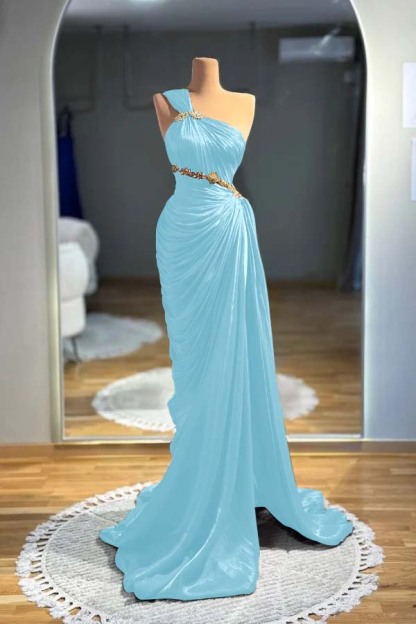 One Shoulder Sleeveless Long Mermaid Prom Dress With Pleated