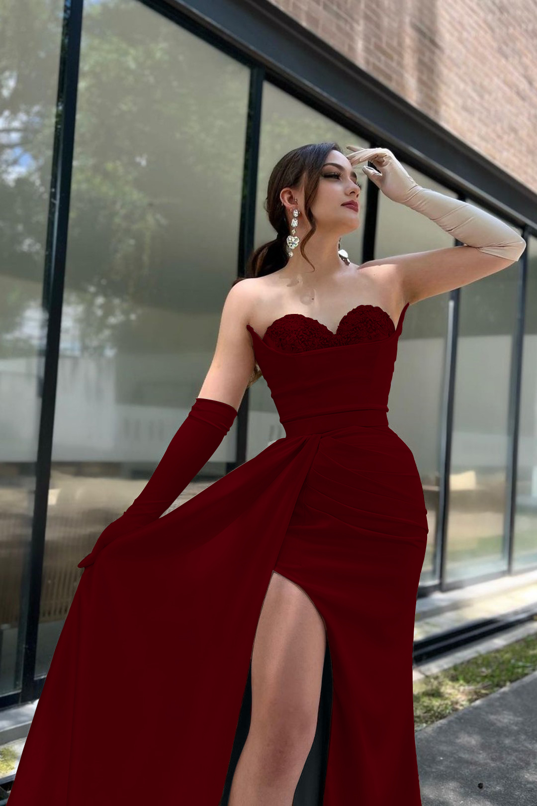 Prom Dress Sleeves Champagne Sweetheart High Slit With Gloves