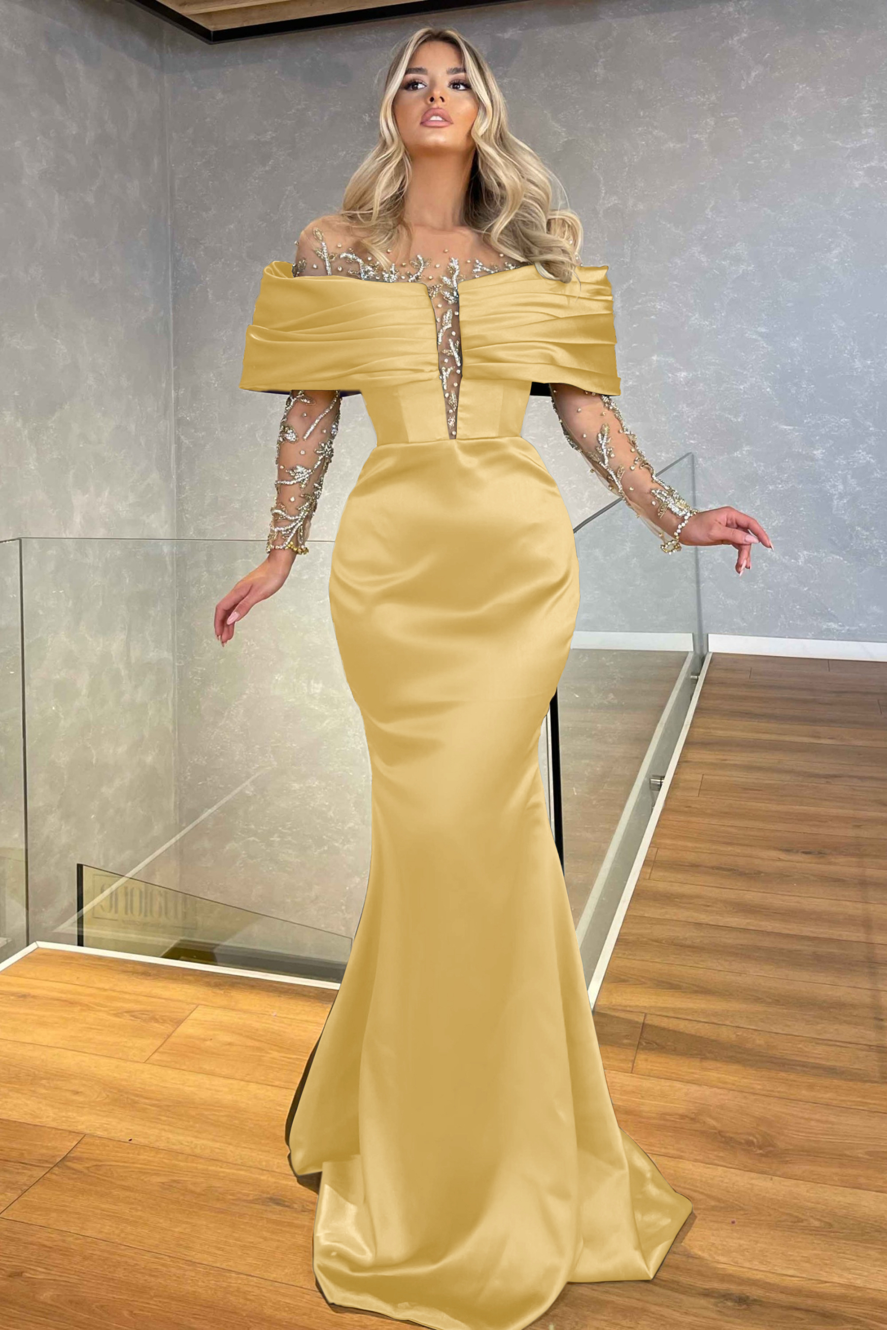 Green Prom Dress Off the Shoulder Long Sleeves Beading Embellished