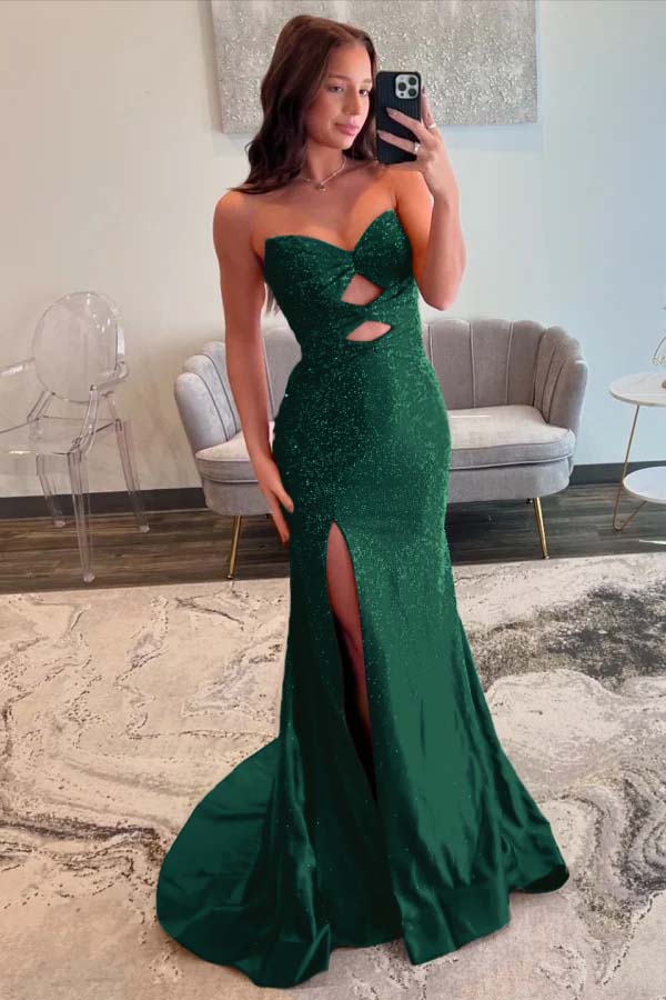 Strapless Sleeveless Mermaid Long Prom Dress With Split Sequins