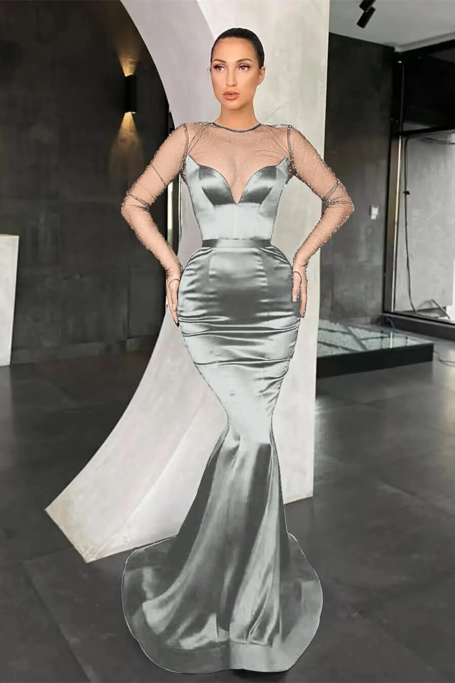 Black Mermaid Long Sleeves Pleated Long Prom Dress With Beads Online V Neck