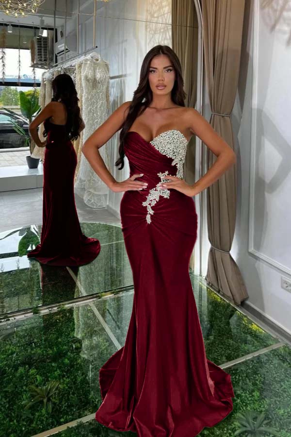 Strapless Sleeveless Long Mermaid Prom Dress With Pleated Beading