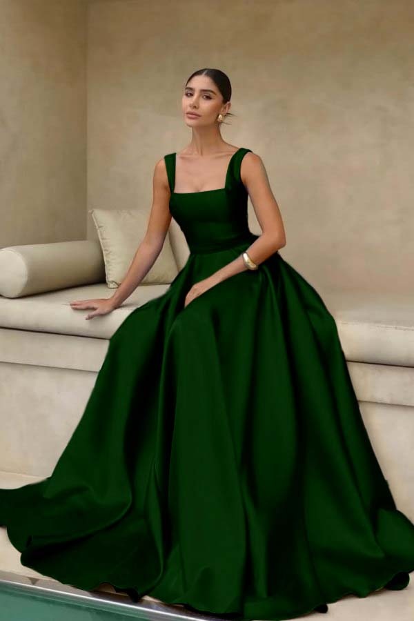 Stain Straps Sleeveless A Line Long Prom Dress With Pleated