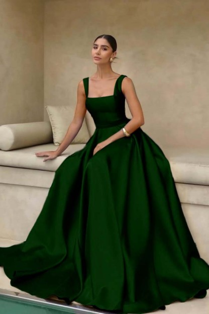 Stain Straps Sleeveless A Line Long Prom Dress With Pleated