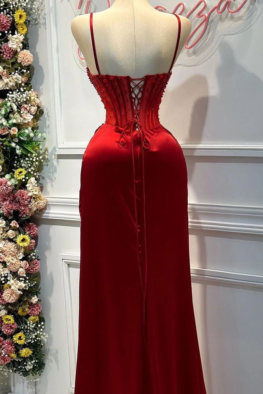 Red Spaghetti Strap Sleeveless Beading Long Prom Dress With Split